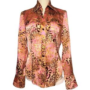 Vintage Cache Y2K Silk Leopard Button Down Pink Gold Flare S Slim Top 2000s